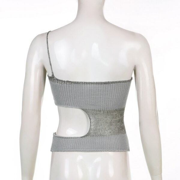 Color Matching One-shoulder Slant Sling Side Should Be Hollow Out Woolen Short Top - Image 5