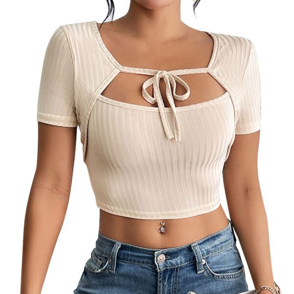 Women's Sunken Stripe Rib Lace-up Square Collar Top - Image 5