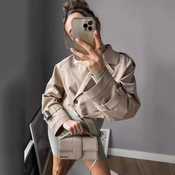 Long Sleeve Short Casual Solid Color Trench Coat - Image 3