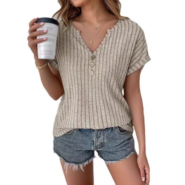 Casual Elegant Cashmere Sunken Stripe Short Sleeve T-shirt Blouse Top - Image 5
