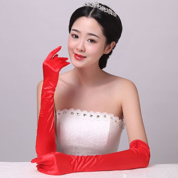 Double-row Beaded Satin Sun Protection Scar Cover Up Oversleeve Bridal Wedding Gloves - Image 2