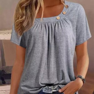 Solid Color Buttons Element Short Sleeve Round Neck T-shirt