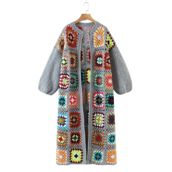 Color Plaid Round Neck Long Coat - Image 6