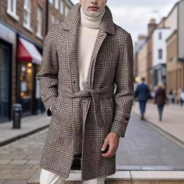 Men's Raglan Sleeve Checked Woolen Coat Fashion - Image 2