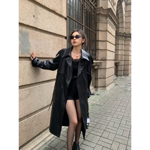 Advanced Sense Black Leather Coat Thick Loose - Image 4