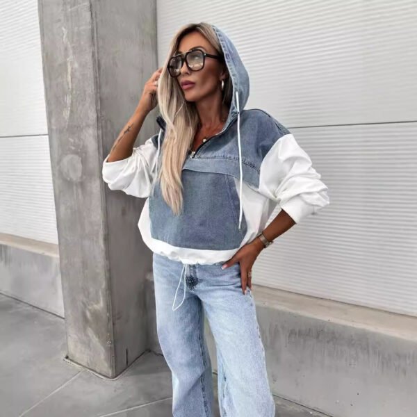 Fashion Loose Casual Washing Denim Stitching Hooded Women's Sweater - Image 4