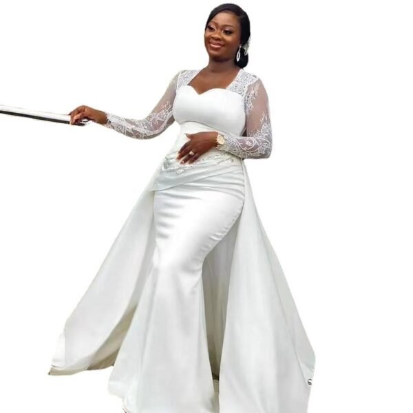 Slim High Waist White Satin Party Bridal Wedding Dress - Image 5