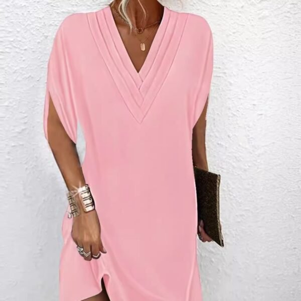 V-neck Pleated Batwing Sleeve Dress - Image 3