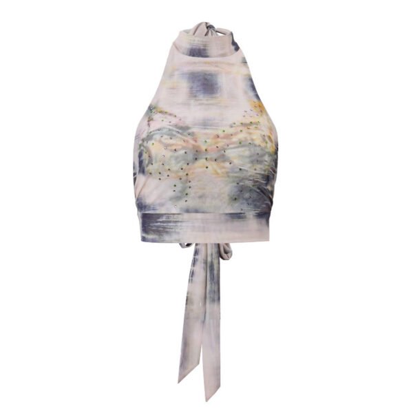 Hollow Retro Printed Turtleneck Halter Strap Cropped Tank Top - Image 5