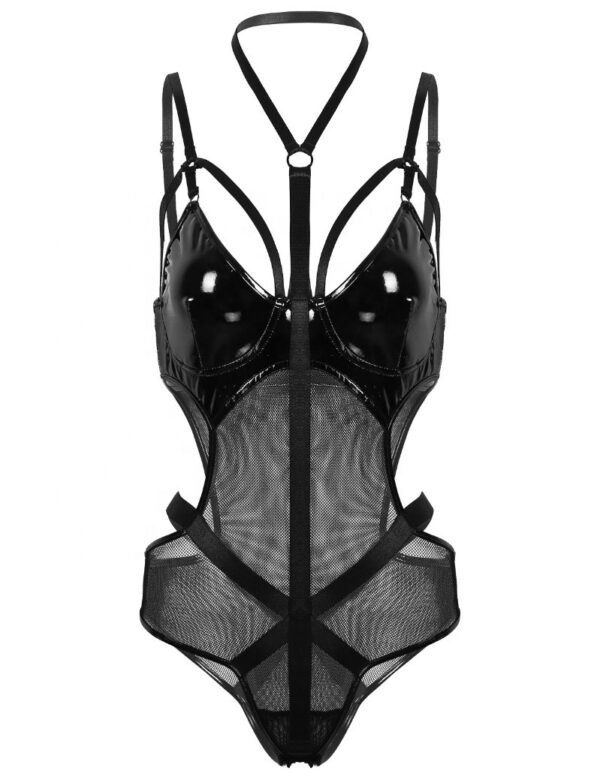 Mesh Faux Leather PU Hollow Halter One Piece Lingerie - Image 4