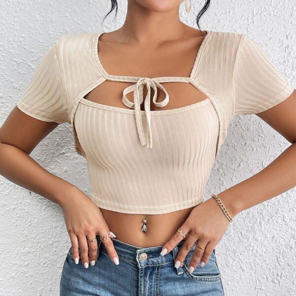 Women's Sunken Stripe Rib Lace-up Square Collar Top - Image 2