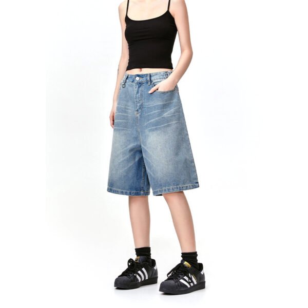 American Retro Denim Cropped Pants Washed Cat Beard Pattern - Image 2