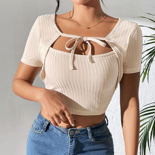 Women's Sunken Stripe Rib Lace-up Square Collar Top - Image 3