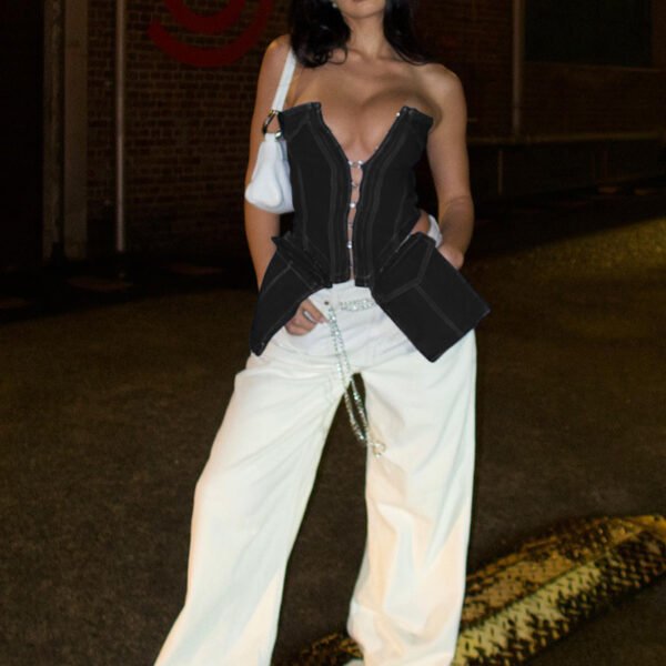 Off-shoulder Slim Fit Midriff-baring Cardigan Denim Strap Vest - Image 3