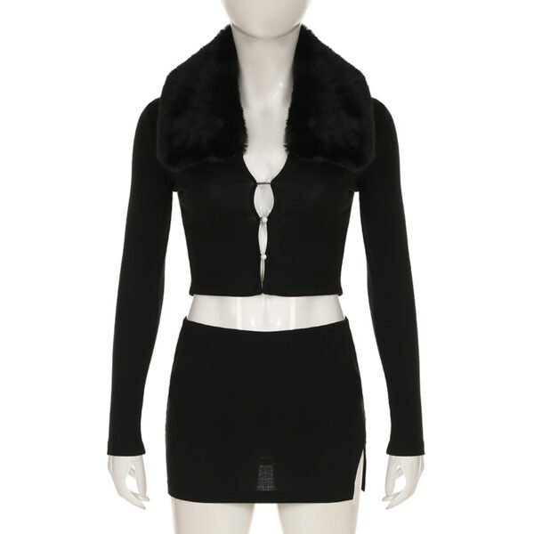Fur Collar Hollow Out Button Long Sleeve Top Split Skirt Suit - Image 6