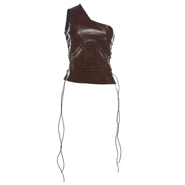 Creative Hollow Drawstring Patchwork One Shoulder Slim Top Vest - Image 6