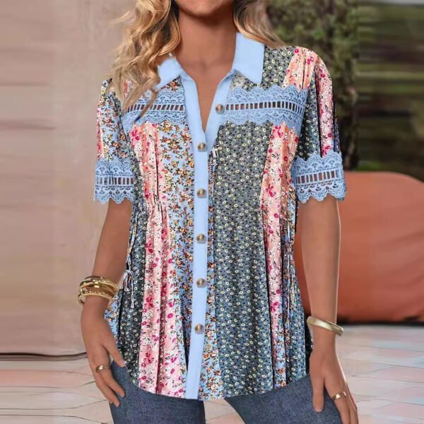 Women's V-neck Buttons Stitching Short Sleeve Casual Printed Shirt - Image 5