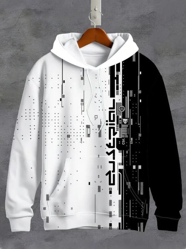 Black And White Printing Color Contrast Women's Loose Hooded Sweater - Image 5