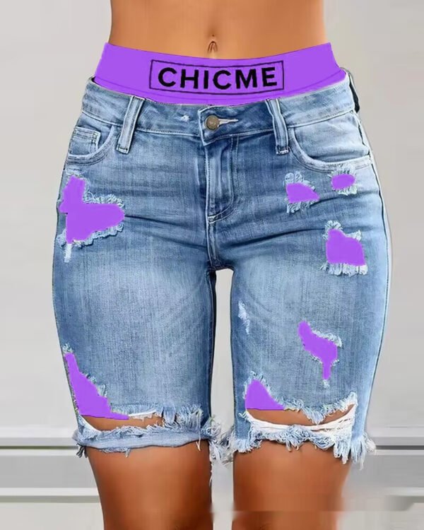 Color Contrast Patchwork Ripped Fake Two-piece Denim Shorts - Image 4