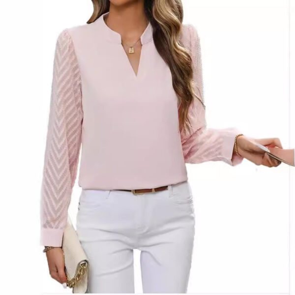 Chiffon Patchwork Long Sleeve Solid Color And V-neck Shirt - Image 4