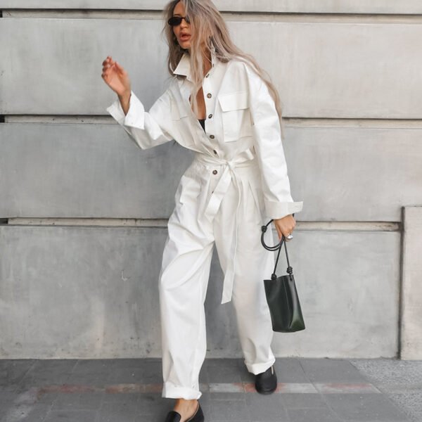 Fashion Polo Collar Long Sleeve Casual Wide Leg Jumpsuit - Image 3
