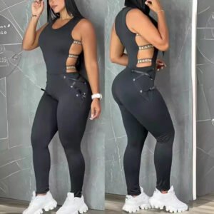 Women's One-piece Hollow Out Slim-fit Lace Up Punk Jumpsuit