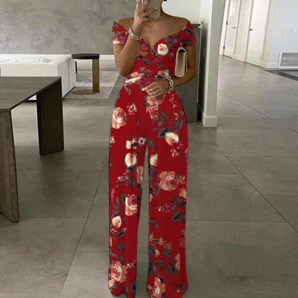 European And American Fashion Off-shoulder Printed Temperament Commute Casual High Waist Jumpsuit Women - Image 6