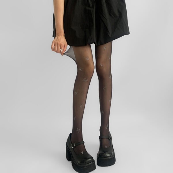 Black With Diamond Bow Stockings Thin Snagging Resistant Pantyhose - Image 2
