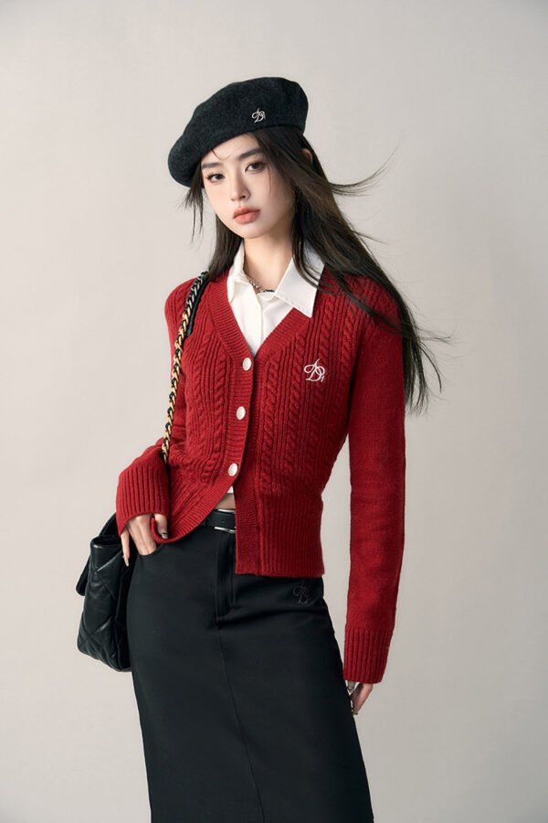 Preppy Style V-neck Slim Fit Sweater Cardigan - Image 3