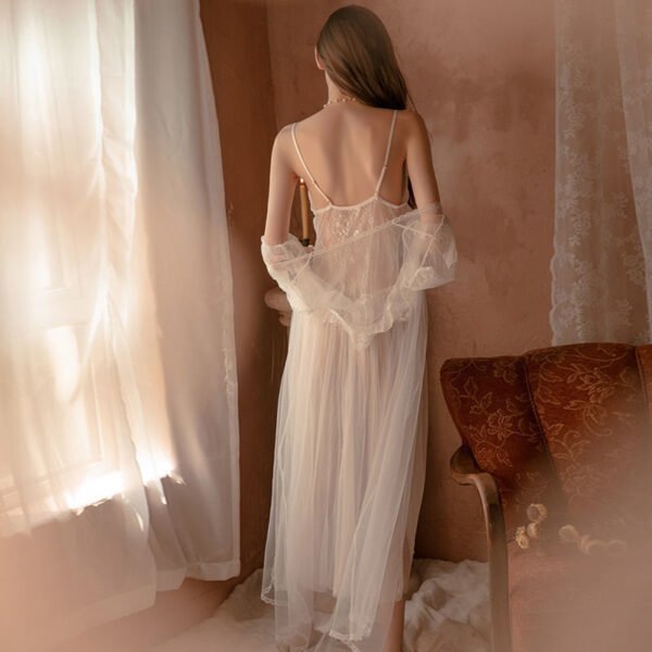 Women Chemise White Polyester Lace Sheer Stretch Chemise Overcoat Panty 3-Piece Set Sexy Lingerie Outfit - Image 4