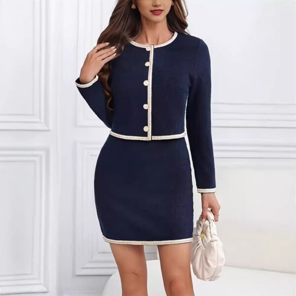 Autumn And Winter Elegant Fashion Commuter Round Neck Button Chanel Style Short Coat Mid-length Dress Set - Image 6