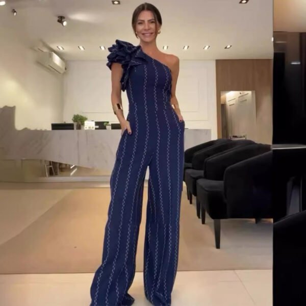 Waist-tight Diagonal Collar Shoulder-baring Stringy Selvedge Striped Jumpsuit - Image 4