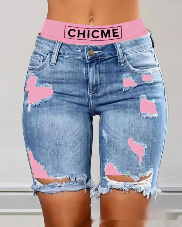 Color Contrast Patchwork Ripped Fake Two-piece Denim Shorts - Image 5