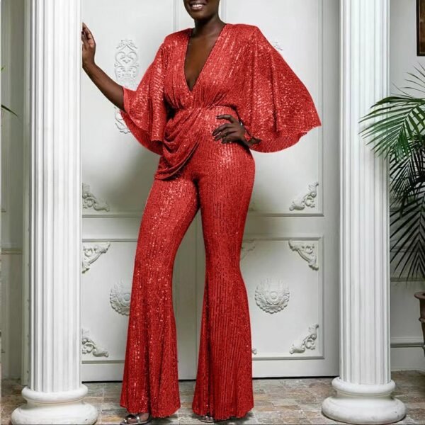 Sequined Deep V-neck And Backless Jumpsuit Trousers - Image 7