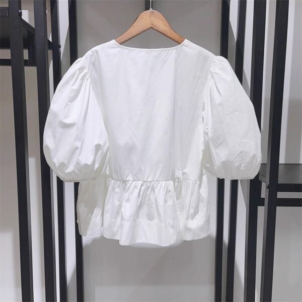 Women's Sweet Round Neck Lace-up Bow Tie Puff Sleeve Solid Color Shirt - Image 4