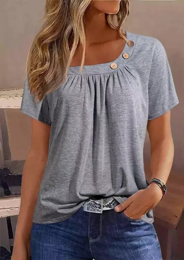 Solid Color Buttons Element Short Sleeve Round Neck T-shirt - Image 2