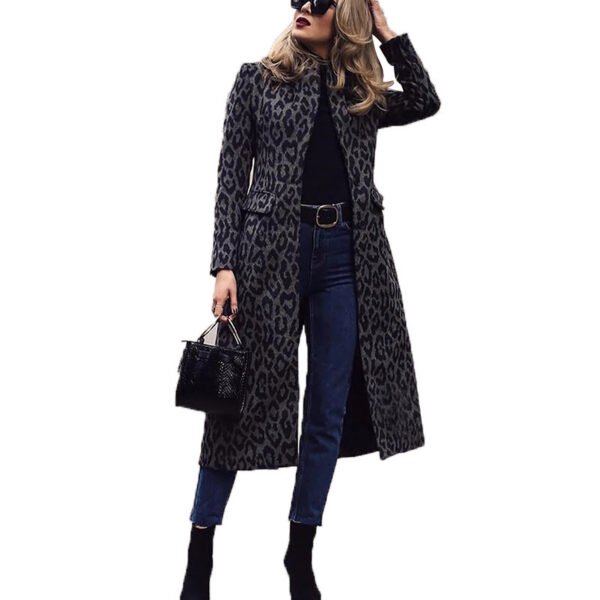 Coat Mid-length Black With A Turn-down Collar Leopard Print Top - Image 4