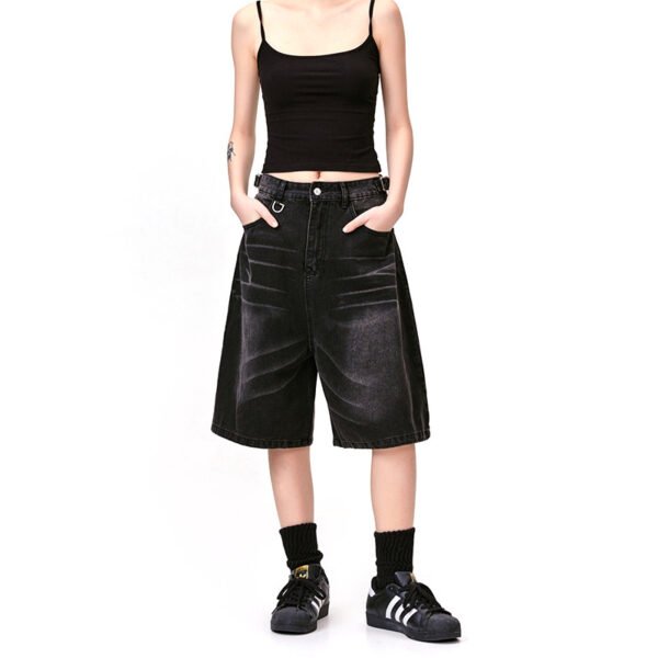 American Retro Denim Cropped Pants Washed Cat Beard Pattern - Image 3