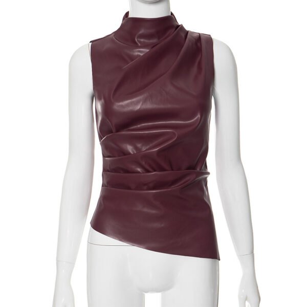 Women's Leather Cascading Collar Waist Slant Short Sleeve - Image 6