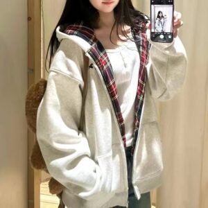 Retro Plaid Hooded Sweater For Women Fleece-lined