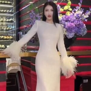 Round Neck Waist Trimming White Feather Cuff Dress