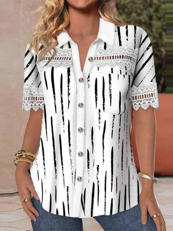 Women's V-neck Buttons Stitching Short Sleeve Casual Printed Shirt - Image 6