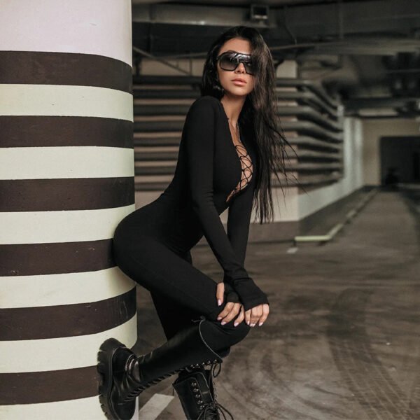 Hollow-out Cross Strap Women's Long Sleeve Jumpsuit - Image 4