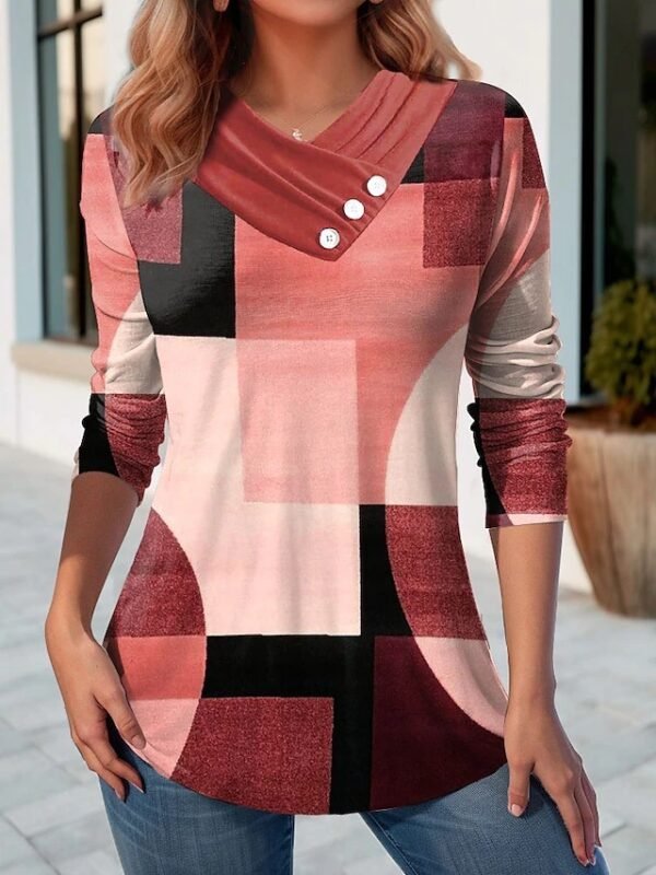 Women's Geometric Stitching Contrast Color V-neck Top - Image 6