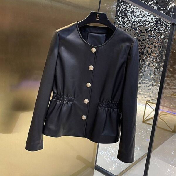 Round Neck Washed Leather Single-breasted Waist Slim Fit Coat - Image 4