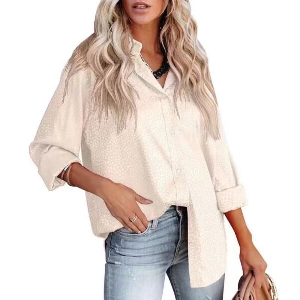 Women's Lapel Open Button Leopard Jacquard Shirt - Image 3