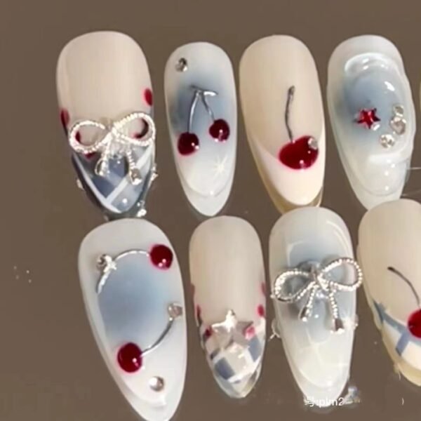 Handmade French Blue Gradient Wear Nail Cherry Bow - Image 3