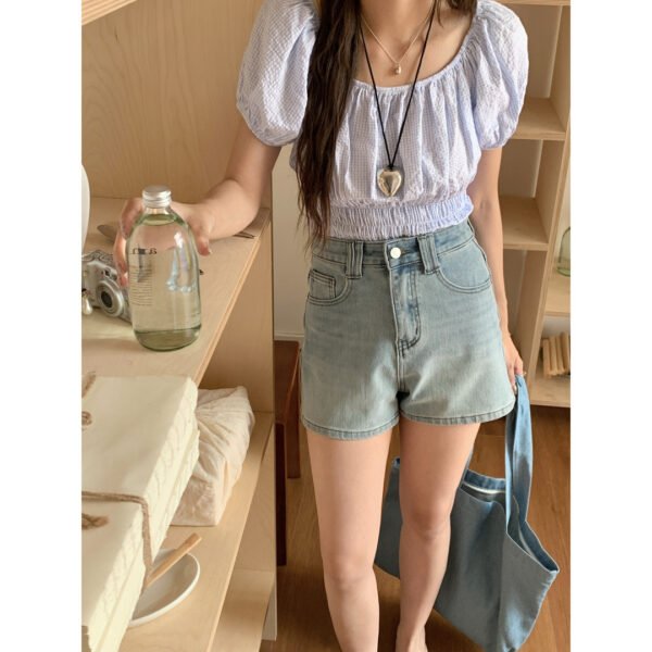 Women's Four Sided Elastic Light Colored High Waisted Denim Shorts - Image 2
