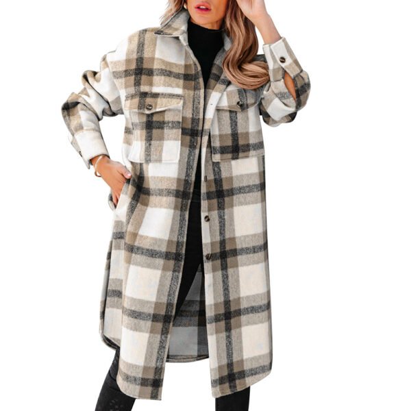 Women's Plaid Button Flannel Long Coat - Image 4