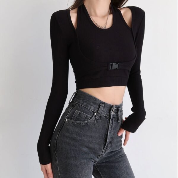 Halterneck Long-sleeved T-shirt Women's Solid Color Short Slim Fit - Image 5